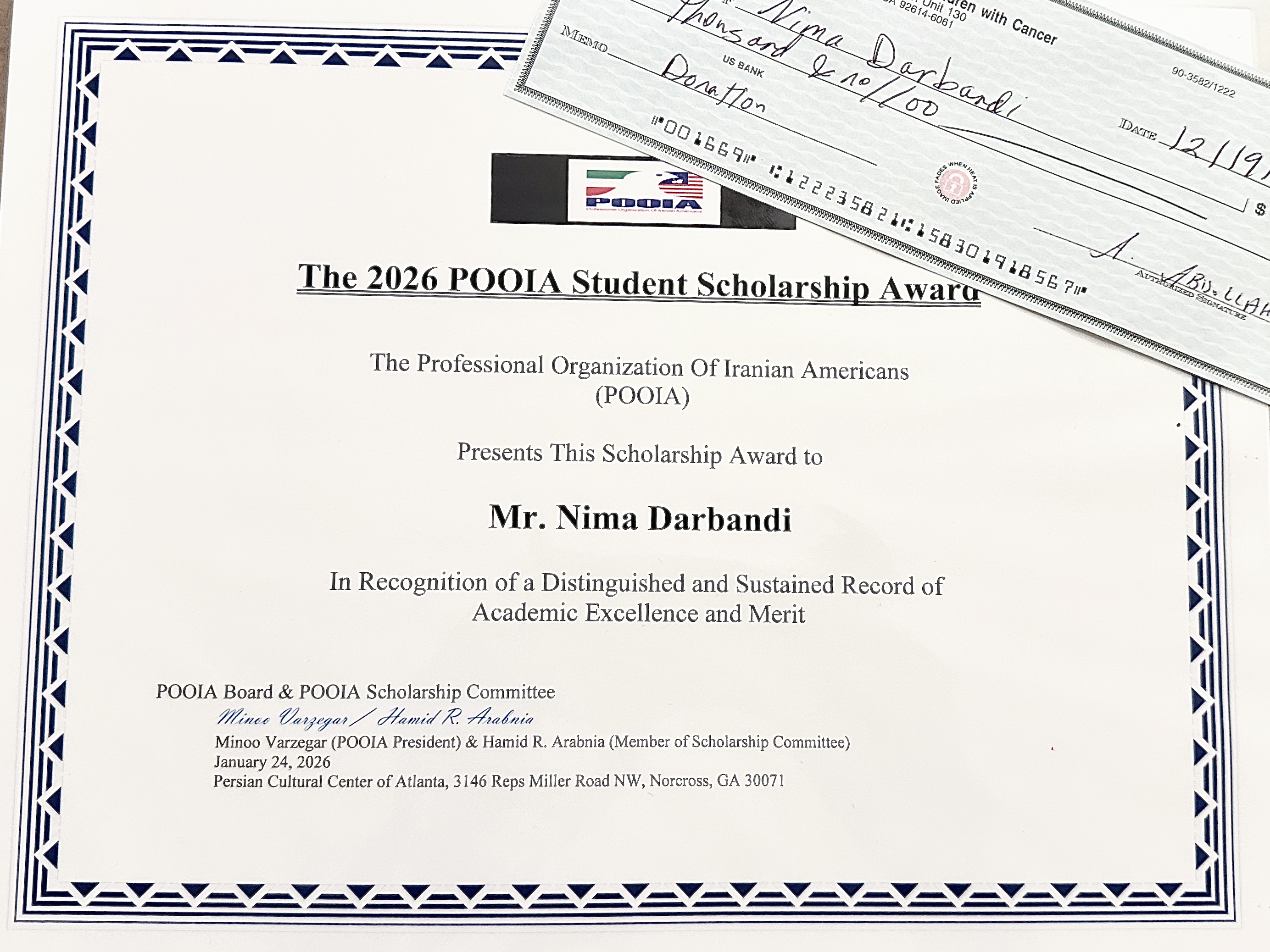 2026 POOIA Student Scholarship Award certificate