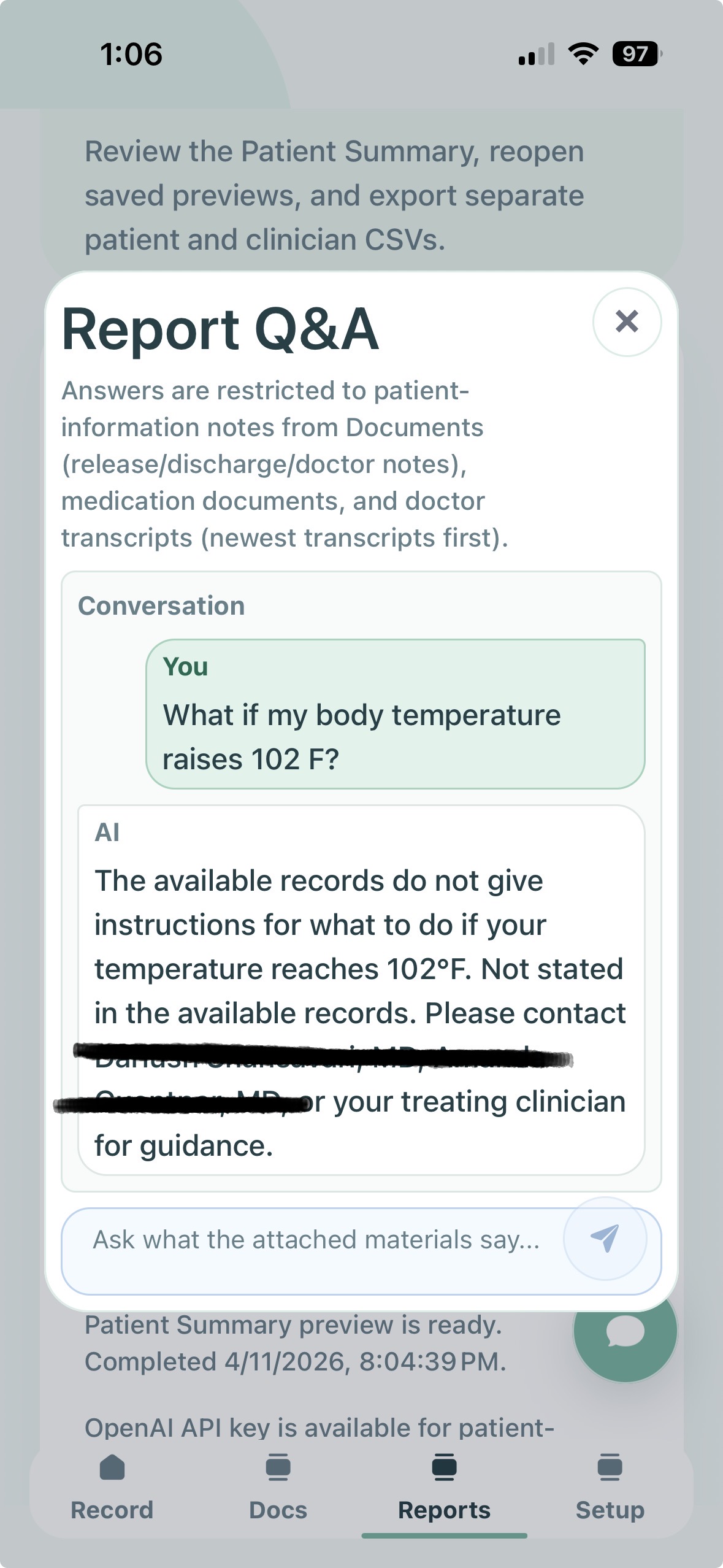 Patient Co-Pilot report Q and A screen