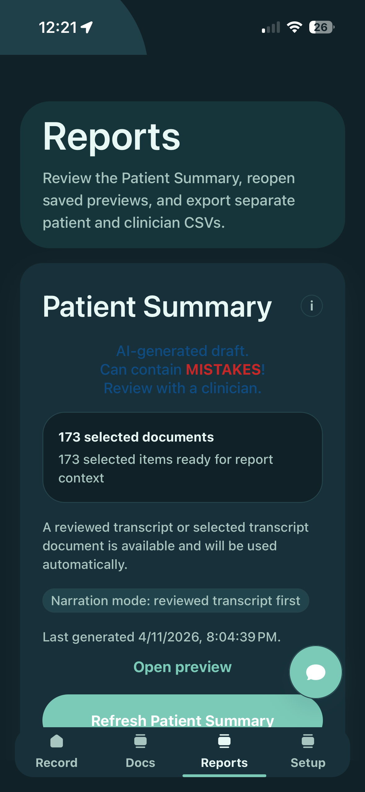 Patient Co-Pilot reports screen
